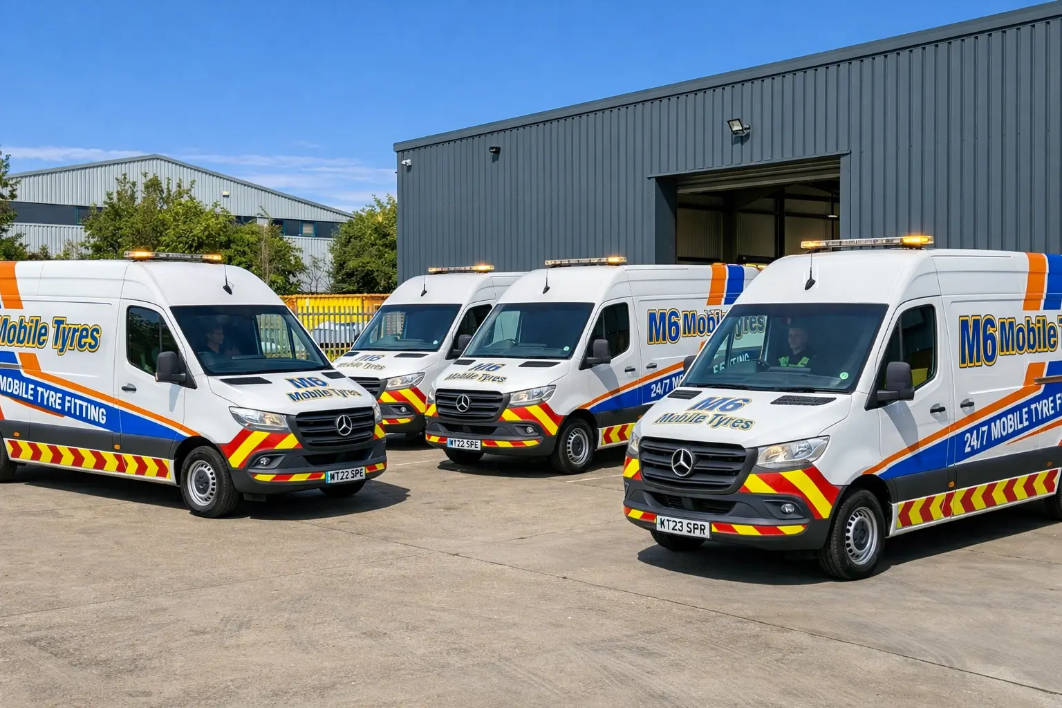M6 Mobile Tyres fleet parked outside a workshop on a clear day