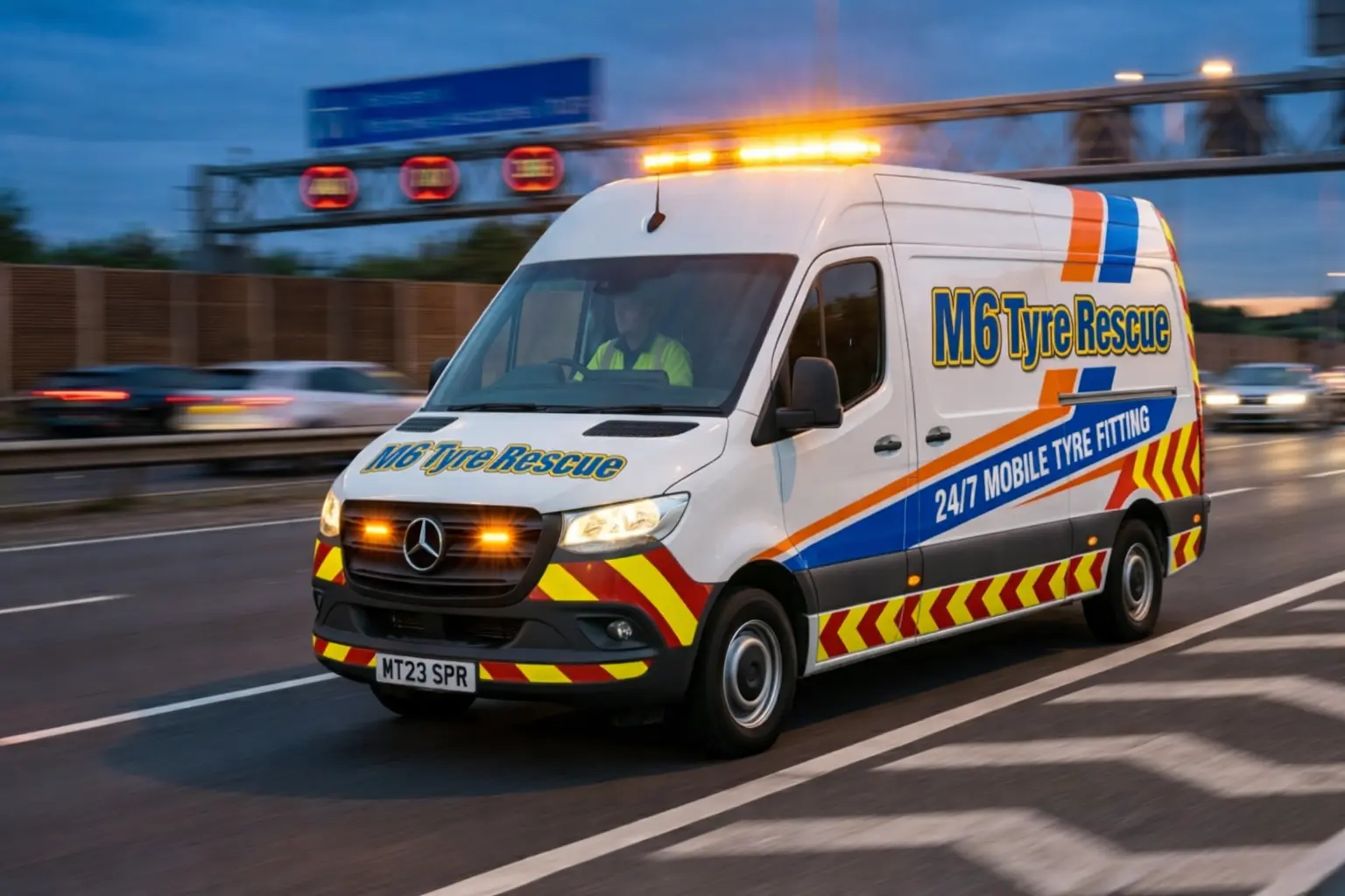 M6 Tyre Rescue service van driving on the motorway at dusk with amber lights on