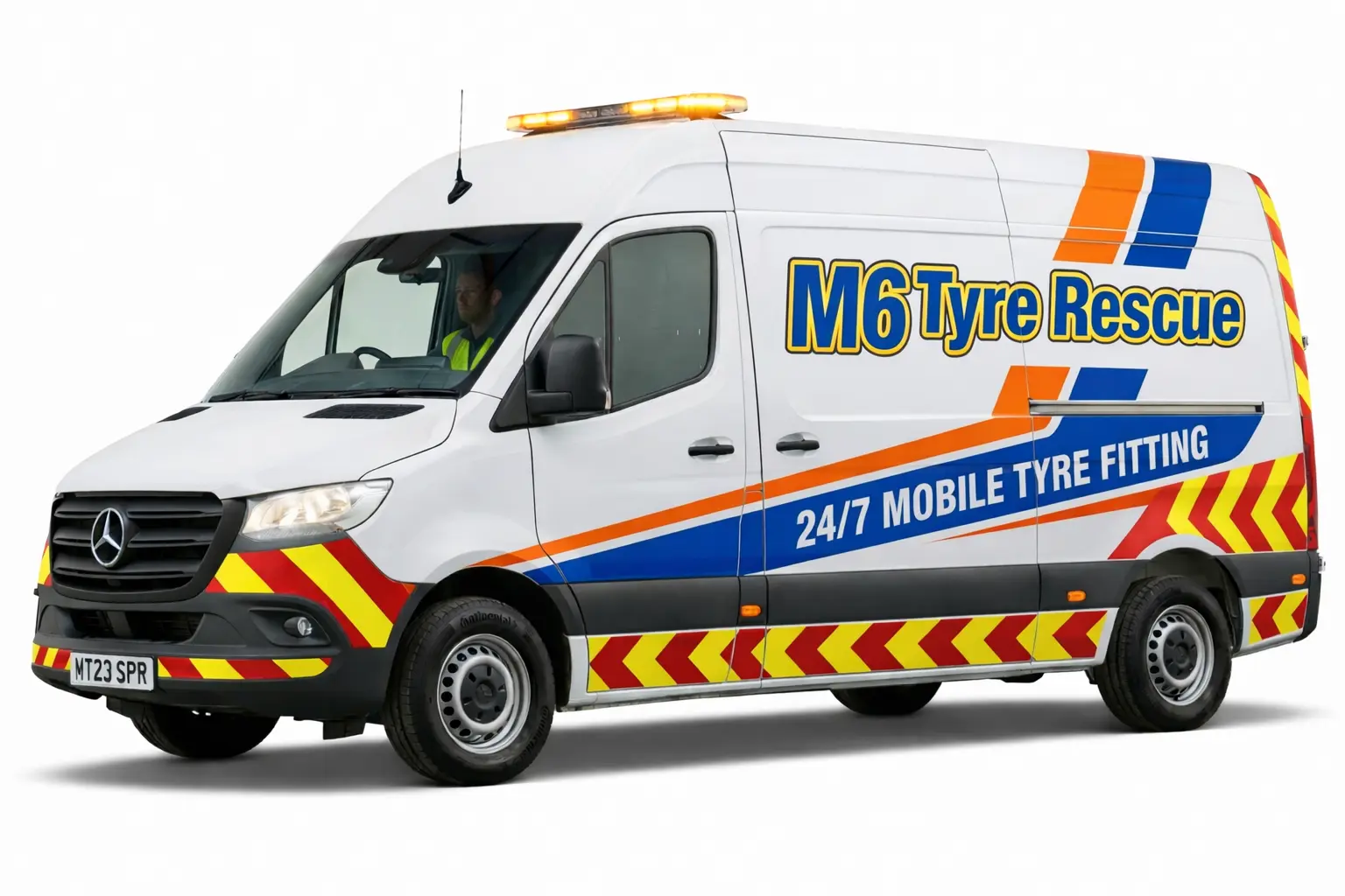 M6 Tyre Rescue service van on a white background with amber warning lights on